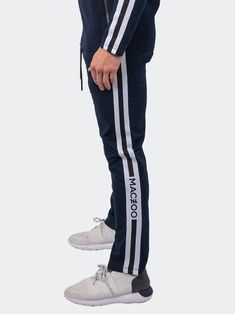 Maceoo brings fashion and comfort together with this signature pair of elevated jogger pants. With metal hardware drawstrings, ankle cuffs, and exquisite details, these joggers will keep you comfortable while turning heads with their unique design Sporty Blue Joggers With Drawstring, Navy Athleisure Joggers For Streetwear, Blue Joggers With Elastic Side Panels For Jogging, Navy Sporty Joggers For Streetwear, Trendy Blue Joggers For Streetwear, Jogger Shorts, Ankle Cuffs, Leather Blazer, Italian Fabric