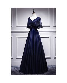 Get 10% off now! Buy classy aline satin navy evening dress vneck with lace at cheap price online. Free stable shipping and pro custom service since 2009. Blue Lace Prom Dress, Elegant Formal Dress, High Low Evening Dresses, Embroidered Beads, Satin Bridal Gowns, Off Shoulder Evening Dress, Dress Elegant Long, Prom Inspo, Elegant Prom