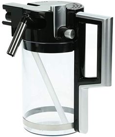 a black and white coffee maker with a handle on it's side, in front of a white background