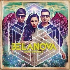 the band belanova appearing in front of an abstract background with mountains and stars