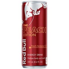 red bull energy drink on a white background with the words peach nation written in it