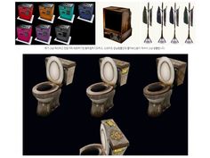 there are many different types of toilets in this set