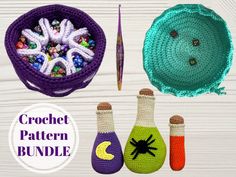 crochet pattern bundle with three different items in the shape of witches and bats