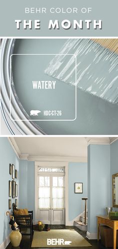 a living room with blue walls and white trim on the ceiling is featured in an advertisement for behr's color of the month