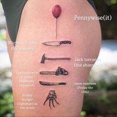 a woman's thigh with different types of knives on it