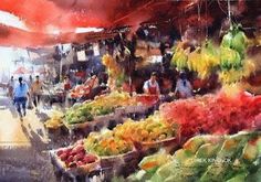 a painting of people shopping at an outdoor market with fruits and vegetables for sale in the foreground