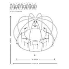 a drawing of a circular table and chairs with measurements for each seat in the center