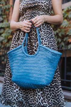 Dragon Diffusion Blue Nantucket Bag - styled with a leopard dress Madewell Transport Tote, Woven Leather Bag, Madewell Bags, Everyday Handbag, Rattan Bag, The Bill, Classic Bags