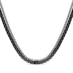 This layered chain necklace lends dimension to your attire. Stainless steel and black ion-plated stainless steel Smaller polished and larger matte black box chain create the two-layer design 20-inch inner necklace; 22-inch outer necklace 2-inch extender; lobster clasp Black Stainless Steel Chain Necklace, Black Metal Necklace With Box Chain, Black Metal Box Chain Necklaces, Elegant Black Stainless Steel Chain Necklace, Black Stainless Steel Chain Necklace With Adjustable Chain, Black Metal Jewelry With Box Chain, Black Metal Link Necklace, Black Link Stainless Steel Necklaces, Black Stainless Steel Chain Link Necklace