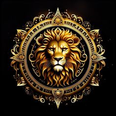 a golden lion's head is surrounded by ornate gold accents on a black background