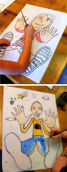 two pictures of children's drawings on paper, one is being drawn and the other is