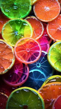 many slices of oranges with water droplets on them