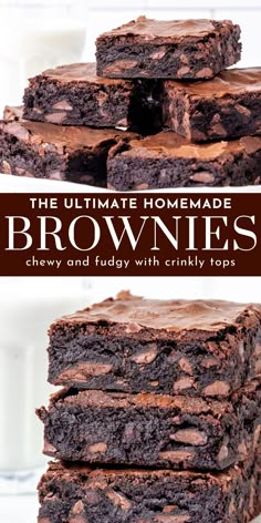 chocolate brownies stacked on top of each other with milk in the background and text overlay