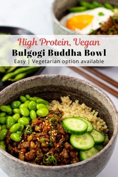 a bowl filled with rice and vegetables next to chopsticks on the side that says high protein vegan bulgogi buddha bowl