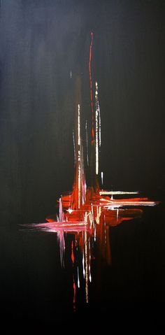 an abstract painting with red and white lines