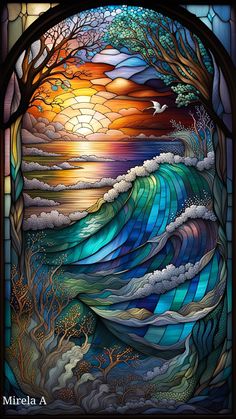 a stained glass window with an ocean scene