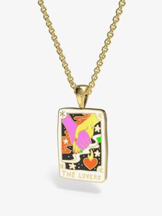 Yellow Owl - Necklace - Tarot Lovers-Yellow Owl-treehaus Gold Rectangular Pendant Necklace Collectible, Gold Rectangular Pendant Necklace For Collectors, Gold Enamel Jewelry Souvenir, Spiritual Gold Enamel Necklace, Gold Enamel Charm Necklace For Gift, Enamel Rectangular Pendant Jewelry For Gift, Enamel Rectangular Pendant Jewelry Gift, Rectangular Pendant Enamel Jewelry For Gifts, Bath And Body Perfume