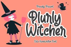 a cartoon witch holding a broom and standing next to a bird on a pink background