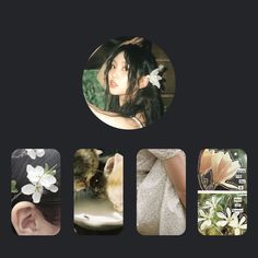 an image of four different pictures with flowers in the middle and one woman's face