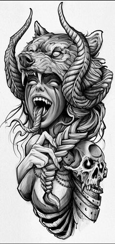 a black and white drawing of a woman with horns on her head holding a skull