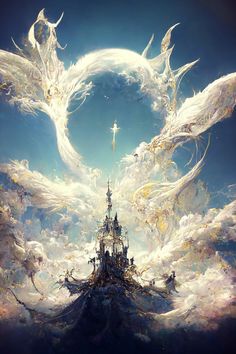 an artistic painting with white clouds and a castle in the middle, surrounded by birds