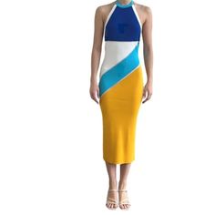 The Kelley Solid & Striped Color Block Dress. A Fabulous Color Combo In A Soft Mini-Ribbed Stretch Knit Makes This One A Very Comfortable Dress! Featuring A Low Back And Halter Style Neck Tie Which Adjusts For The Perfect Fit. The Yellow, Blue, Turquoise, And White Are Separated By A Sheer Silver Mesh Diagonal For A Touch Of Fun! Perfect For Vacation, Resort Wear, Daytime, Or Evening! $268 Retail Small Bust 12" Stretches To 16" Length 48" 65% Viscose 35%Nylon Vacation Holiday Resortwear Colorblo Stretch Color Block Party Dresses, Color Block Stretch Dress For Party, Party Dresses With Color Block And Stretch Fit, Spring Party Color Block Midi Dress, Spring Fitted Dress With Contrast Color, Fitted Spring Dress With Contrast Color, Color Block Midi Dress For Party, Summer Party Dress With Contrast Color, White Color Block Party Dress