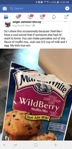 a bag of wildberry muffin mix sitting on top of a counter next to a box