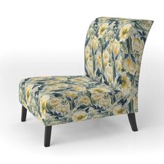 an upholstered chair with yellow flowers on the back and legs, against a white background