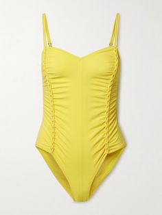 Ulla Johnson's 'Almira' swimsuit is detailed with braided trims that create flattering ruching along the sides. Made from a bold yellow fabric, it has high cut legs and slim adjustable straps. Dress Reference, Ruched Swimsuit, Yellow Swimsuits, Cute Bathing Suits, Beach Swimwear, Yellow Fabric, Guilty Pleasures, Beach Wears, Beach Wear