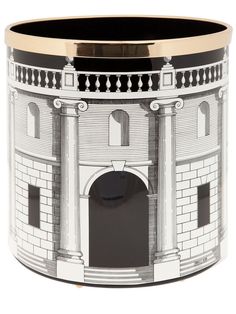 a large black and white vase with an architectural design on it's front side