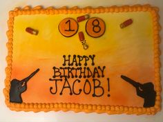 a birthday cake decorated with an image of two people pointing at each other and the words happy birthday jacob written on it