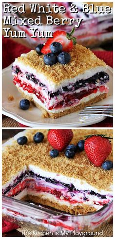 red, white and blue mixed berry cake with crumbs on the edges is shown