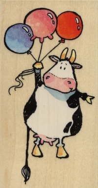 a drawing of a cow holding balloons in its mouth