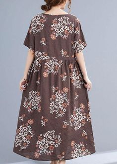 Chocolate Casual Retro Print Summer Vacation Dresses Short Sleeve - SooLinen Brown Relaxed Fit Dress For Spring, Brown Relaxed Fit Midi Dress For Spring, Brown Knee-length Relaxed Fit Dress, Relaxed Fit Brown Dress For Vacation, Brown Relaxed Fit Dress For Vacation, Summer Vacation Dresses, Cotton Harem Pants, Dresses Short Sleeve, Retro Print