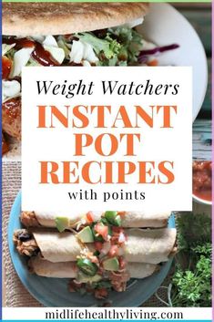 the cover of weight watchers instant pot recipes with points and pictures of food on plates