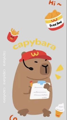 a cartoon bear holding a piece of paper with the word capybar on it