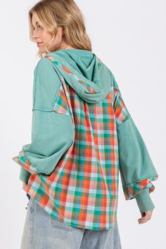 Elevate your casual style with this Mineral Wash Hoodie featuring a unique plaid print. The mineral washed fabric gives it a cool and vintage look, while the adjustable drawstring with a plaid print adds a touch of detail. Stand out with the contrast multi-plaid back side, long sleeves, and half button with plaid contrast for a modern twist. Enjoy the relaxed and oversized fit that offers both comfort and style. Make a fashion statement with this versatile and trendy Mineral Wash Hoodie with Pla Washed Hoodie, Blue Zone, Maxi Dress Formal, Plaid Design, Short Leggings, Short Jumpsuit, Skirt Leggings, Print Hoodie, Plaid Print