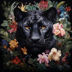 a painting of a black tiger surrounded by flowers and leaves on a black background with yellow eyes