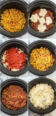 six pictures of different types of pasta in the crock pot with cheese on top