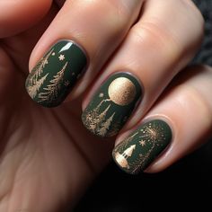 follow 👉 @frequentart for more inspirations! winter nails design forest green and earthy brown, nails with pine tree and reindeer designs. Christmas Witch Nails, Tree Nails Art, Winter Forest Nails, Boho Winter Nails, Pagan Yule Nails, Winter Tree Nails, Nails With Trees, Yule Nail Art, Modele Thonjsh