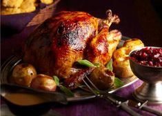 a roasted turkey on a platter with cranberry sauce, potatoes and bread