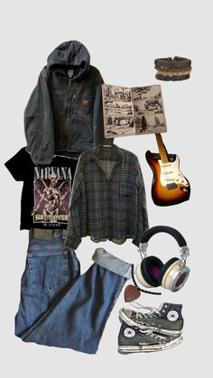 an assortment of clothing and accessories arranged in the shape of a guitar, headphones, sunglasses, jacket, shirt, jeans, hat, earburst