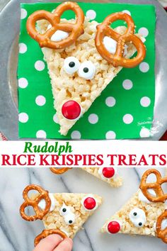 a plate with rice krispies and pretzels in the shape of reindeers