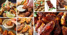 several different pictures of food including chicken wings, carrots and celery sticks