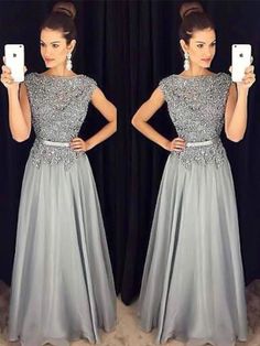 Bridelily A-Line Bateau Sleeveless Floor-Length With Applique Chiffon Dresses Grey Mother Of The Bride Dresses, Grey Dress Formal, Grey Formal Dress, Mother Of The Bride Dresses Long, Mother Of Bride Dresses, Chiffon Evening Dresses, Mother Of The Groom Dresses, Grey Lace, Chiffon Dresses