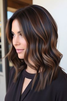 Brown Balayage Ideas That Will Make You Swoon Brunette Brilliance: Get the Ultimate Hair Makeover Brunette Hair With Chocolate Highlights, Brunette Hair Dark Highlights, Tone On Tone Highlights Dark Brown, Lob Haircut Brunette Balayage, Dark Brown Hair Balayage Caramel Shoulder Length, Simple Fall Hair Color, Short Rich Brown Hair, Dark Brown Collarbone Length Hair