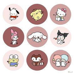 cartoon characters are depicted in circles on a white background with pink and brown colors,