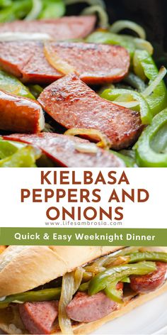 kielbasa peppers and onions on a white plate with green peppers in the background