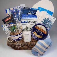 a gift basket filled with coffee, tea and other items for someone's special occasion