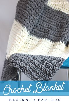 a crochet blanket sitting on top of a chair with the text, beginner pattern